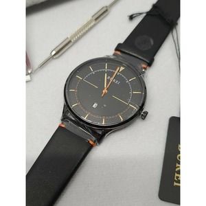Burei Black Leather Watch W/Felt carrying case